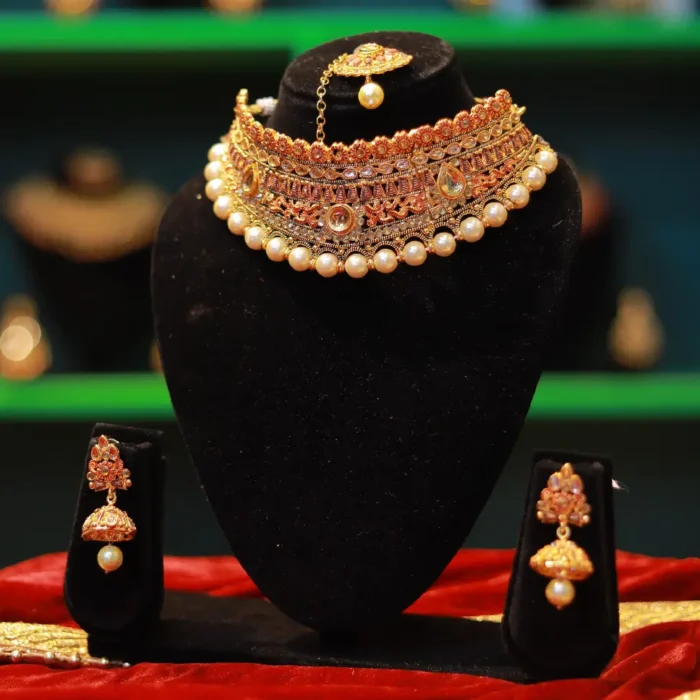 Gold Plated Necklace and Earing Set with Gold Coloured Pearl