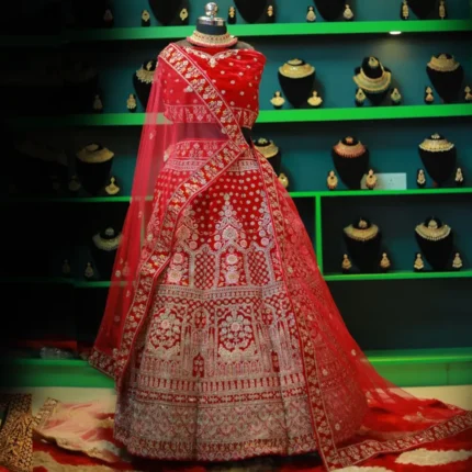 Posh Crimson Red Sequins Embroidered Silk Bridal Lehenga