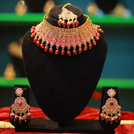 Posh Designer Necklace and Earrings Jewellery Set with Red Pearl